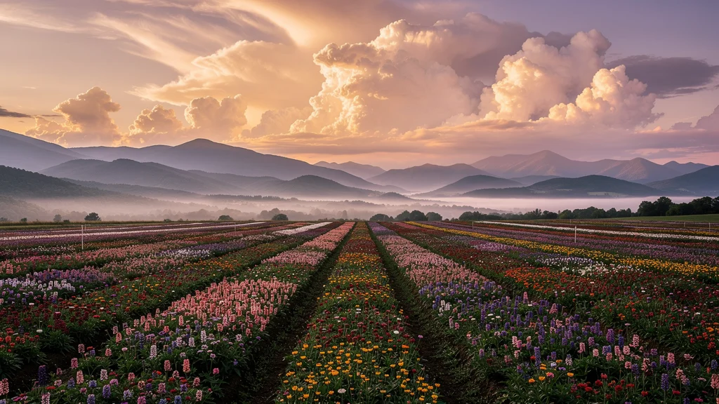 Panoramic view of Lalaland Flower Farm — rolling hills with seasonal flowers stretching to the Catskills