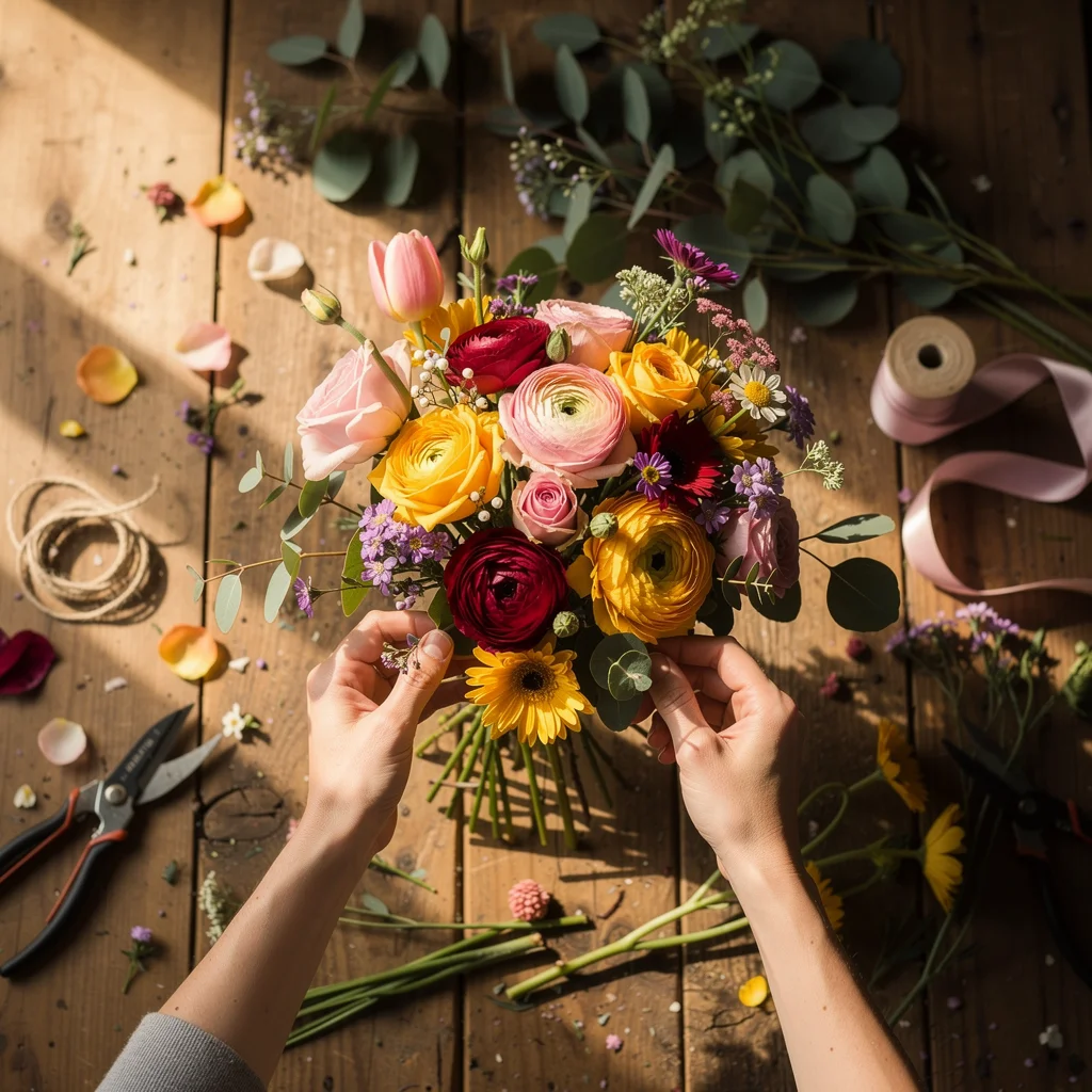 Workshop participants creating bouquets