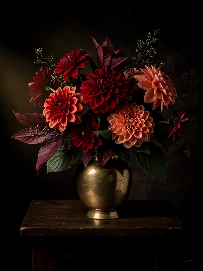 Seasonal flower arrangement with dahlias and garden roses