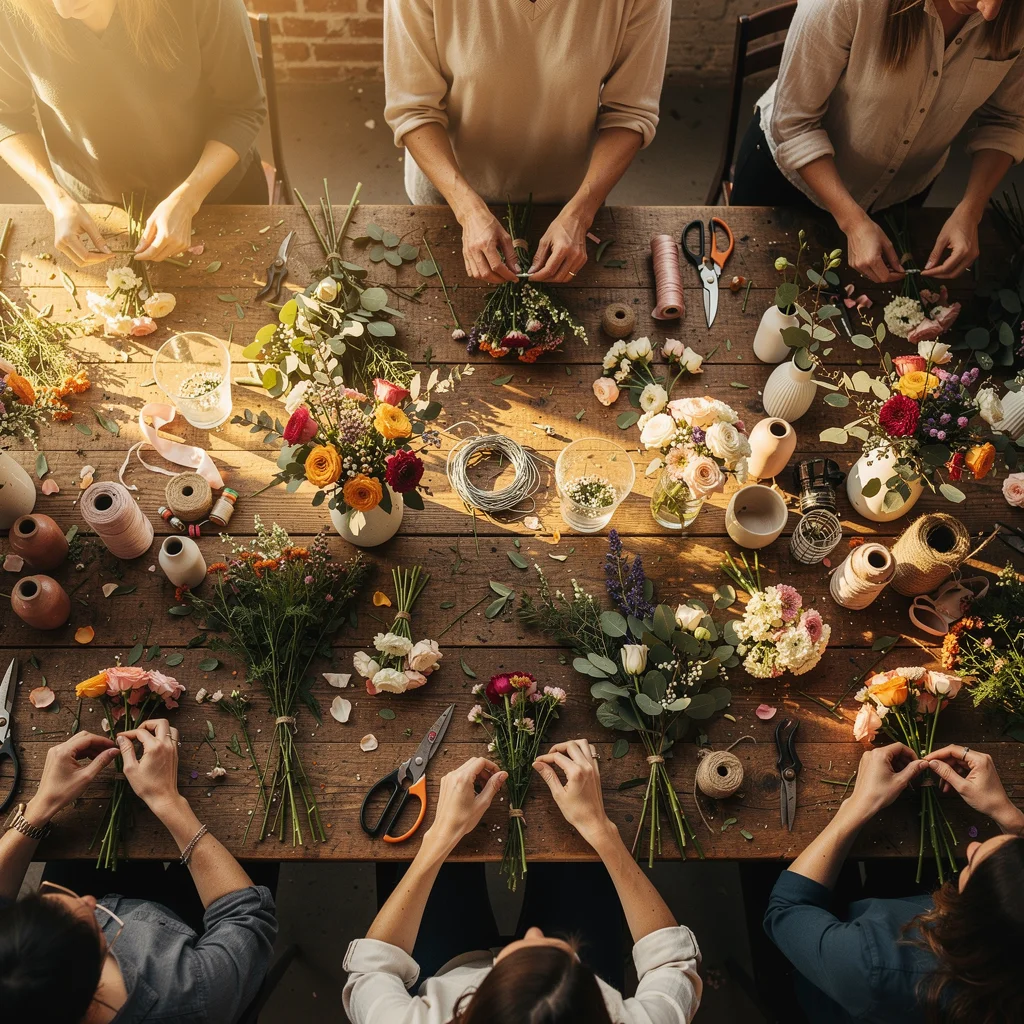 Workshop participants creating bouquets