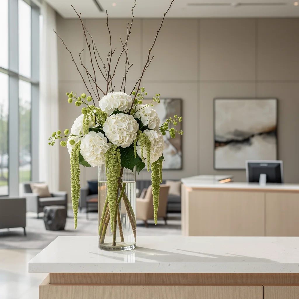 Corporate lobby arrangement with hydrangeas