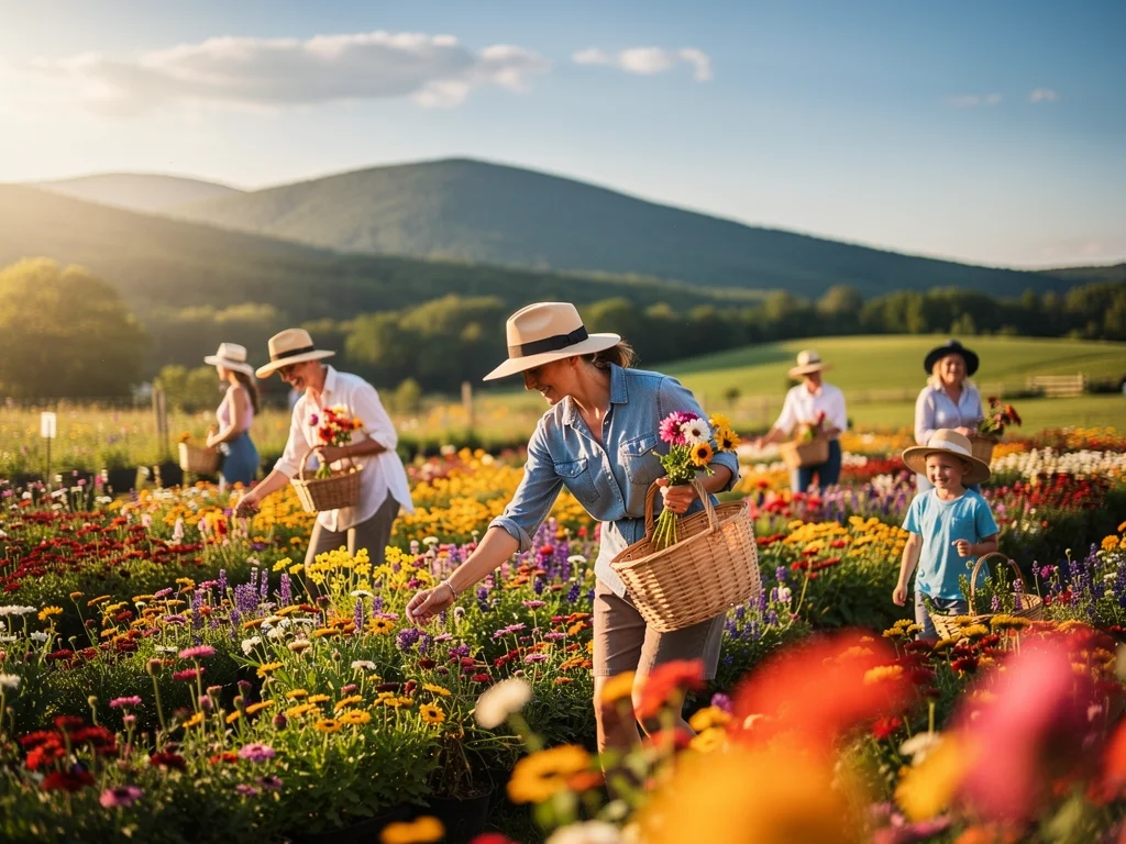 Visitors walking through flower fields at Lalaland Flower Farm