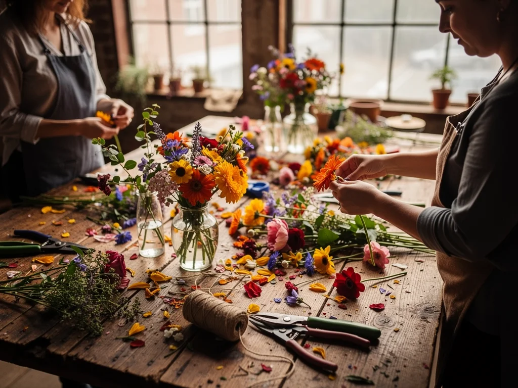 Hands-on floral workshop at Lalaland Flower Farm — participants creating seasonal arrangements